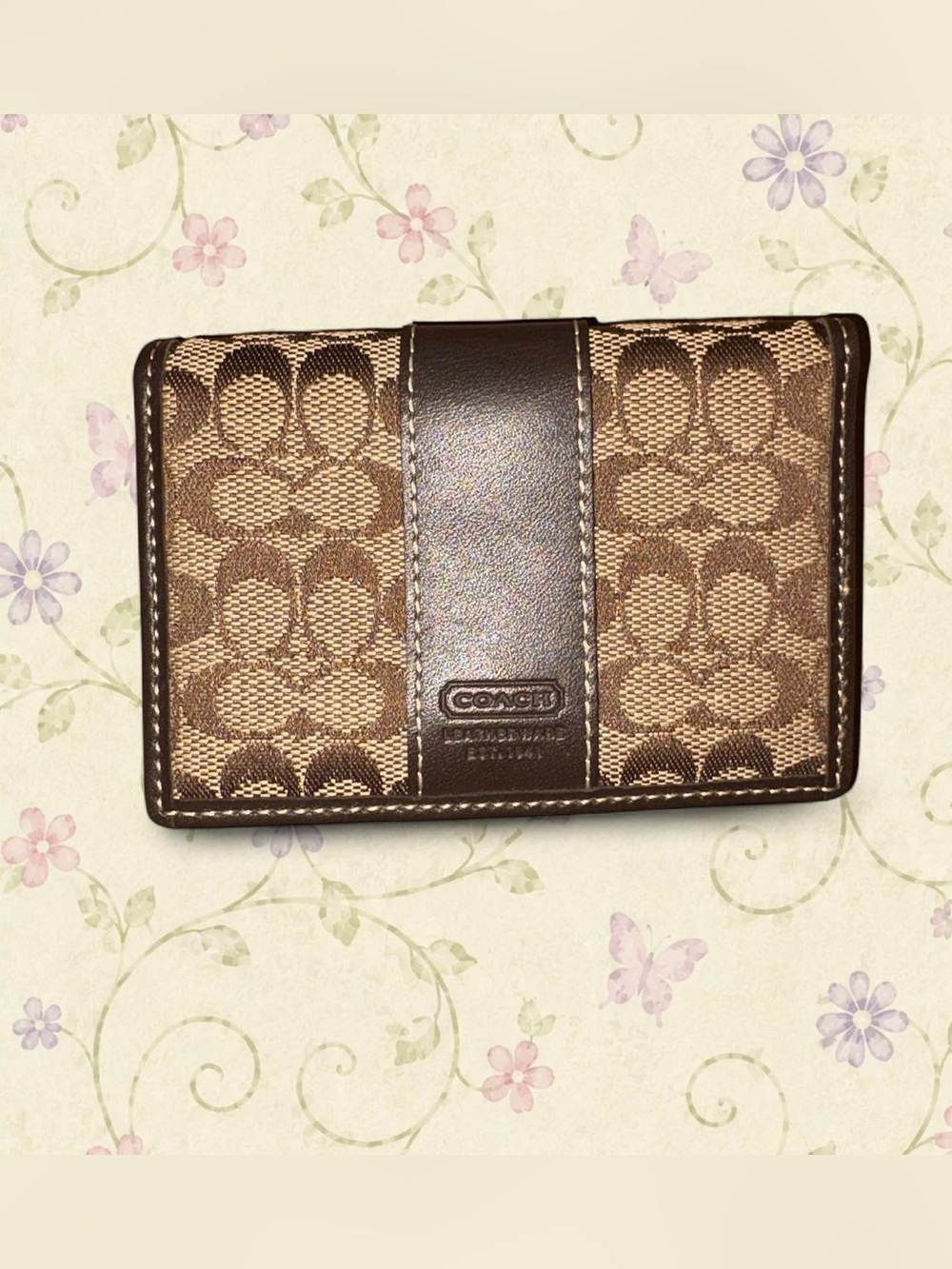 Coach Brown Signature Canvas Mini Wallet and ID holder with Leather Trim